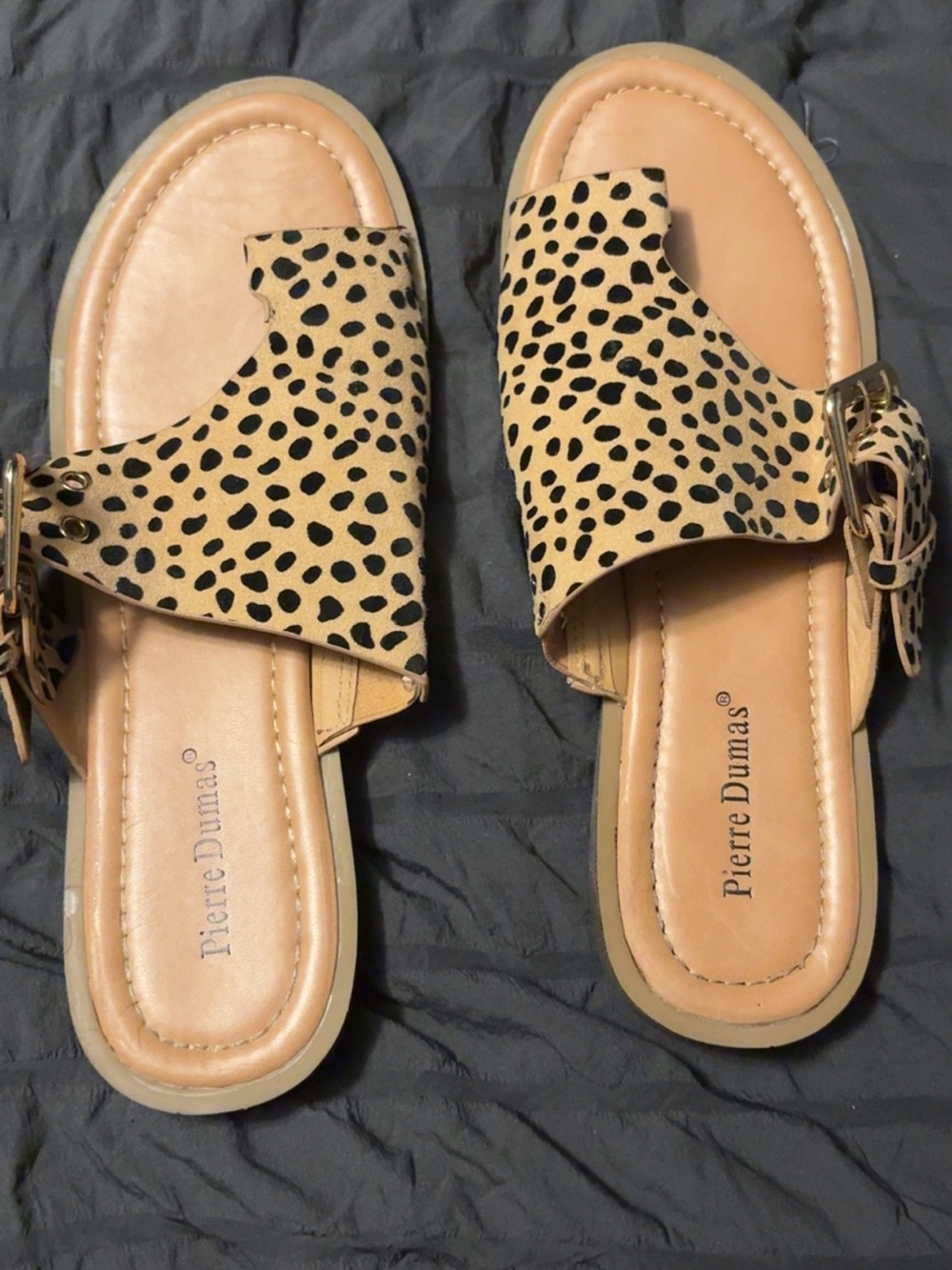 Pierre Dumas Tan and Black Leopard Slide Sandals with Buckle Accent